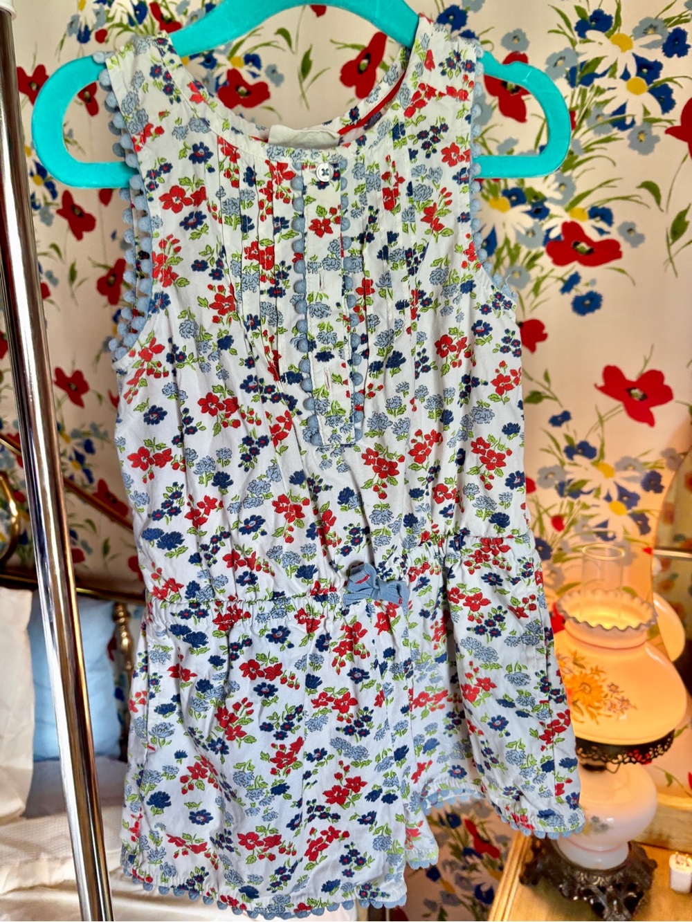 mini boden girls 2-3y floral romper playsuit pom pom trim cottagecore